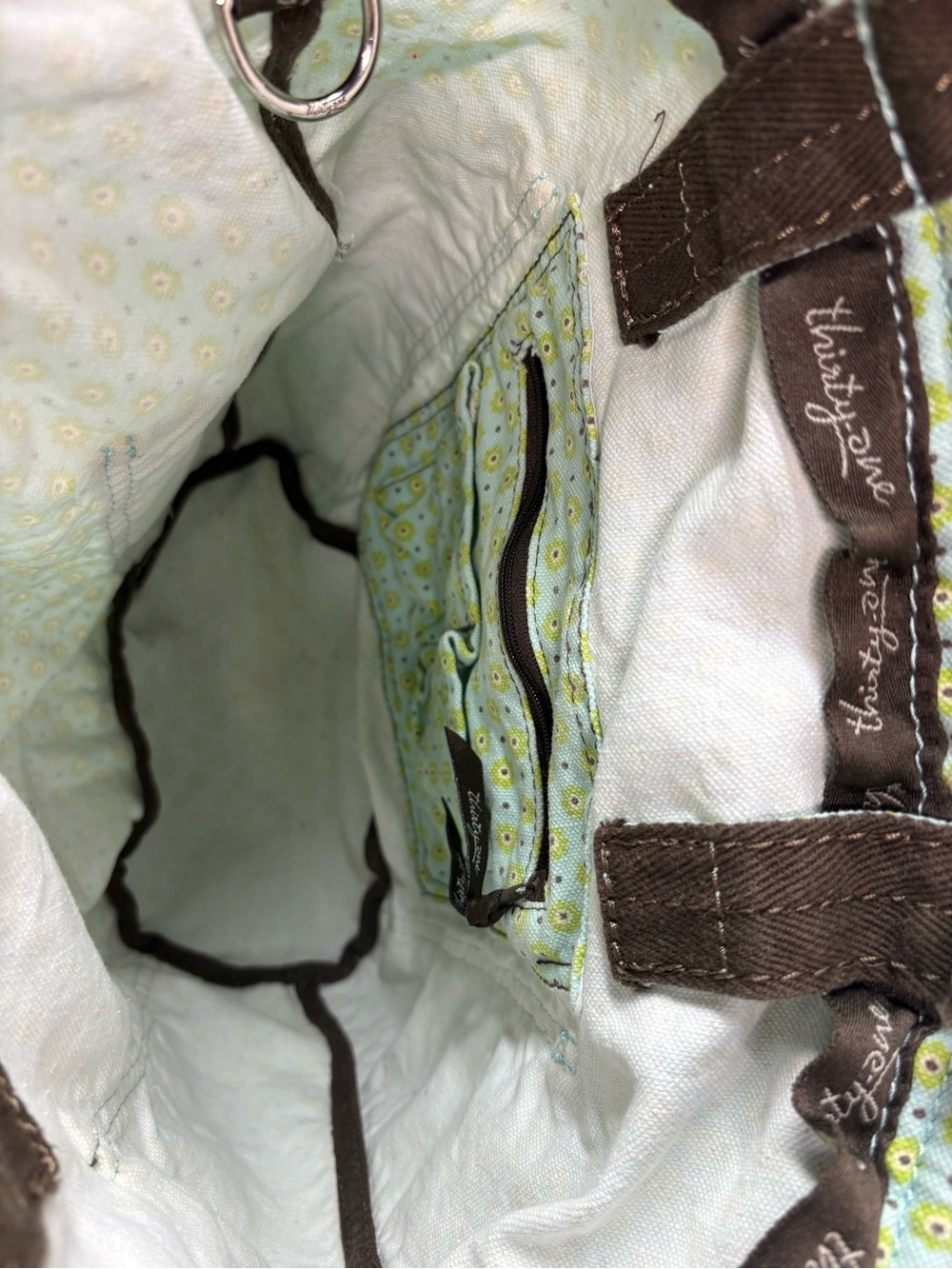 Thirty-One Quilted Tote Bag Mint Green Floral Print Brown Trim Organizer Purse - Picture 7 of 9